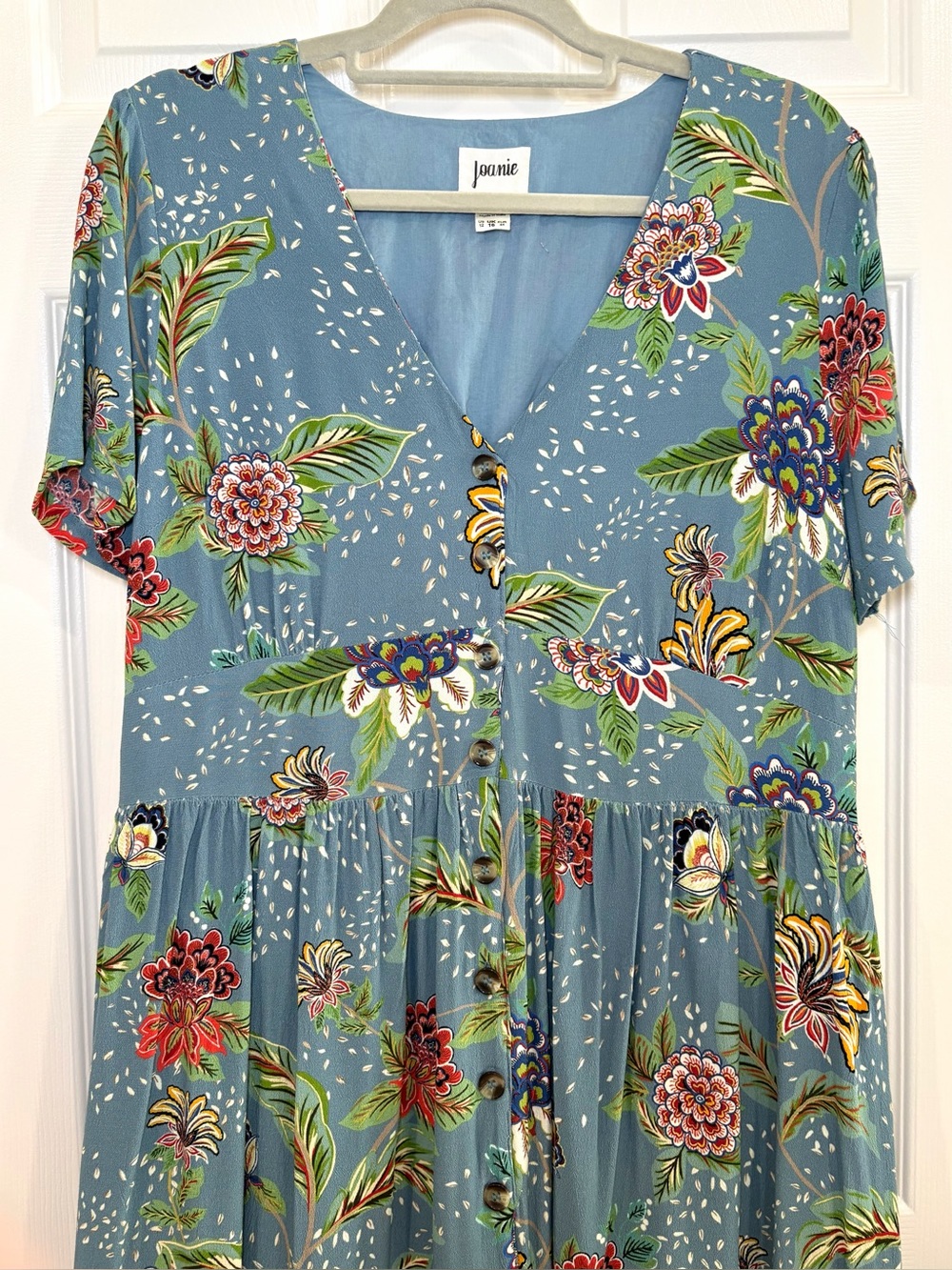 Joanie Blue Floral V-Neck Button-Front Midi Dress US 12 Pockets Vintage Inspired - Picture 5 of 13